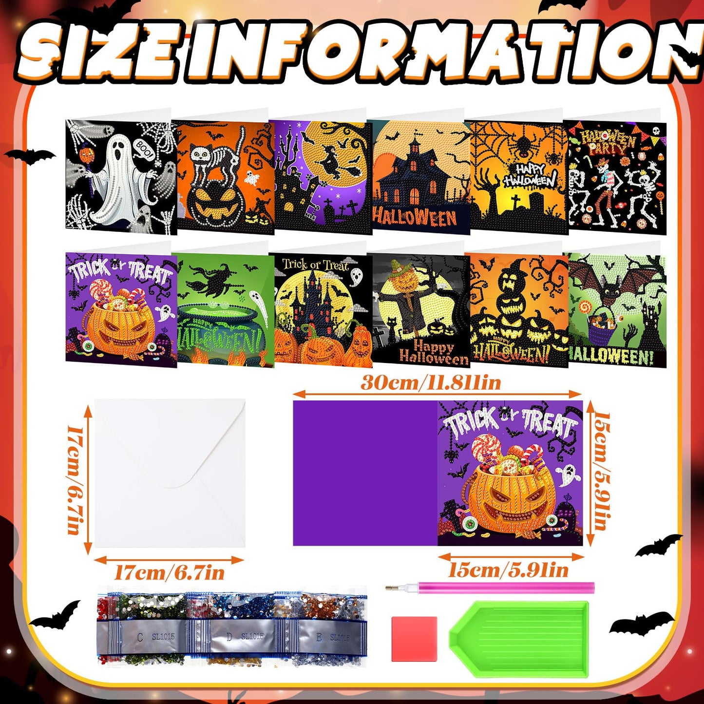 Saillong 12 Pack Halloween Diamond Painting Greeting Card Kits DIY Diamond Art Cards with Envelopes Bat Black Cat Pumpkin 5D Rhinestones Painting for Adults DIY Craft Family Friend Halloween Gifts