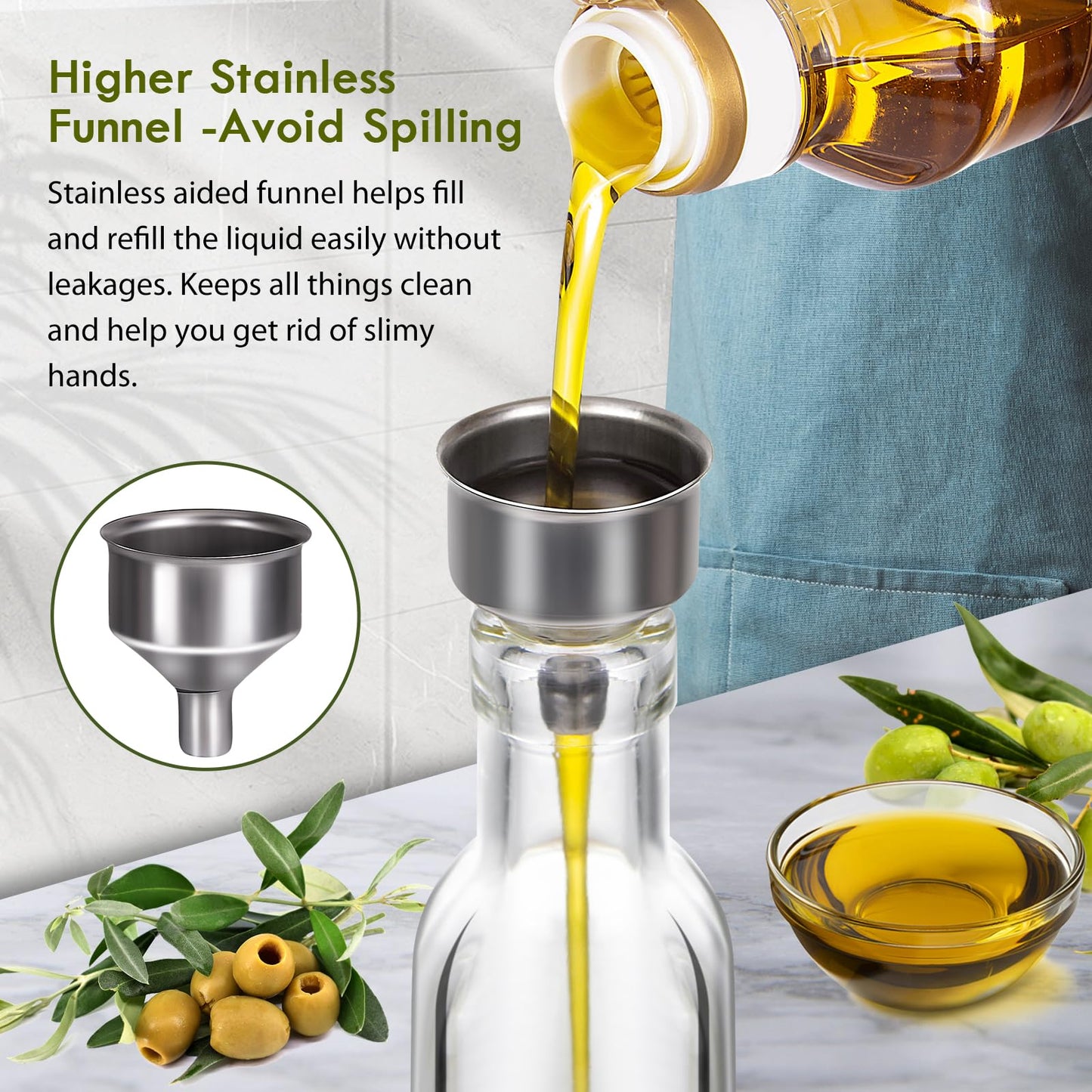 YEBODA 8oz Clear Glass Olive Oil Dispenser Bottles, and Vinegar Cruet Bottle Includes Pourers, Funnel Labels, Cooking Container for Kitchen 6 Pack