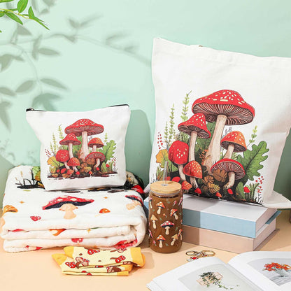 6 16oz Paterr Pcs Mushroom Themed Gifts for Women Christmas Canvas Tote Bag Makeup Bag Print Blanket Socks Glass Coffee