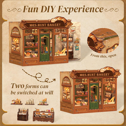 Cutefun Book Nook Kit - DIY Miniature Bread Shop Booknook Kits for Adults and Teens, 3D Wooden Puzzle Bookend Bookshelf with LED Light, Creative Crafts Gifts for Book Lovers (Mrs.Hunt Bakery)