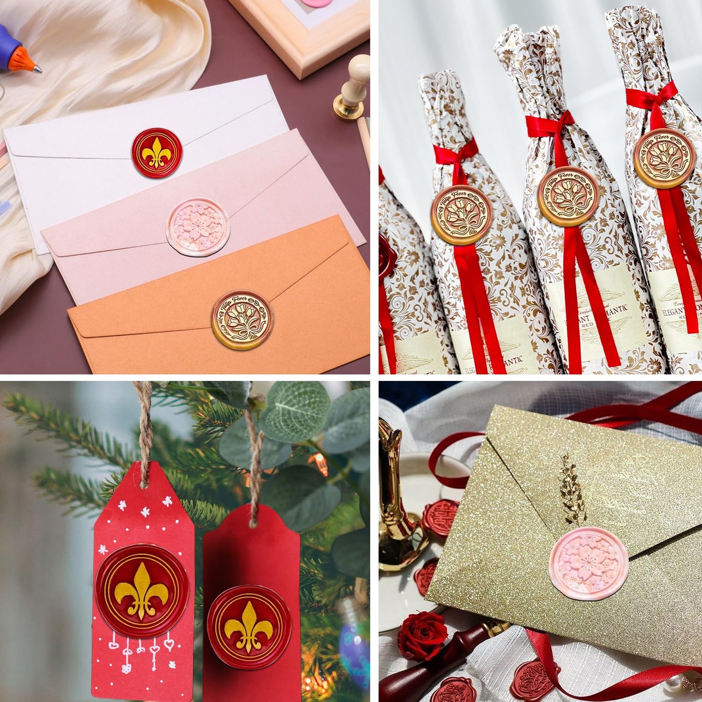 Wax Seal Electric Kit with 24 Colors Wax Seal Beads 600pcs, 3pcs (Sakura/Tulip/Fleur de Lis) Stamps with Electric Warmer Set for Sealing Invitation, Christmas, Gift Wrapping(Flower Stamp Kit)