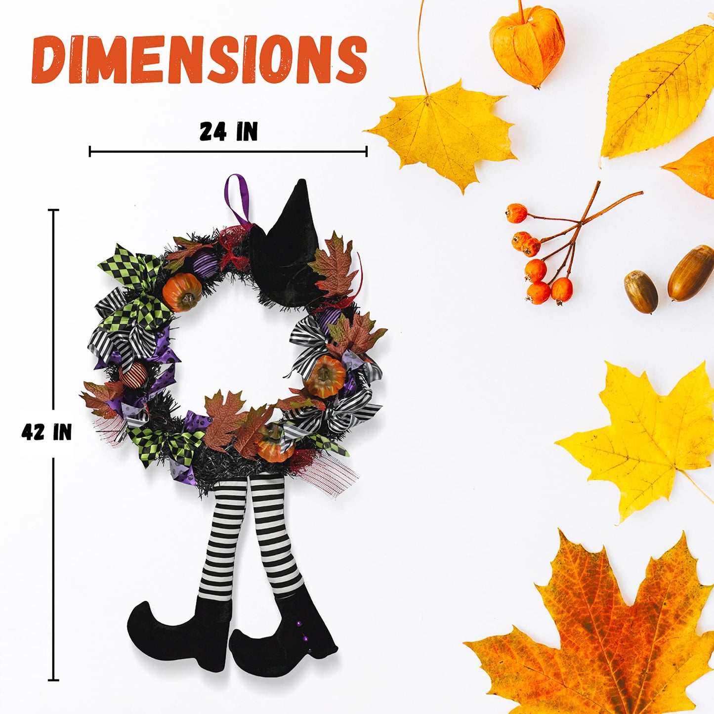 Skeleteen Happy Halloween Witch Wreath - Large 42" Front Door Hanging Witchy Decorations with Pumpkins, Maple Leaves, Witch Hat and Witch Legs Wreath