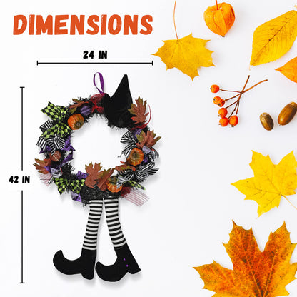 Skeleteen Happy Halloween Witch Wreath - Large 42" Front Door Hanging Witchy Decorations with Pumpkins, Maple Leaves, Witch Hat and Witch Legs Wreath