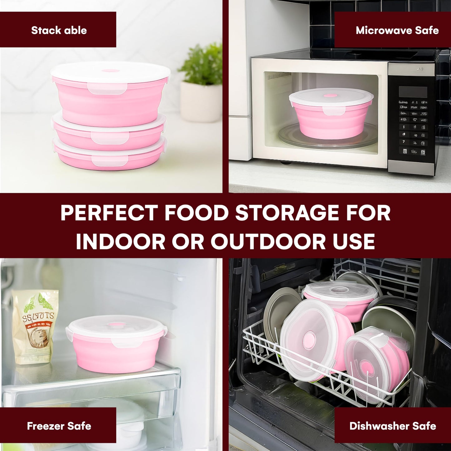 Vdomus Collapsible Food Storage Containers - Leak Proof, Microwave Safe - 40.5oz/1.2L Airtight Silicone Food Containers - Meal Prep Collapsible Bowls with Lids - Set of 3 - Green