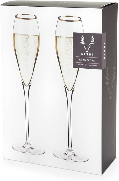 Viski Gold-Rimmed Crystal Champagne Flutes, Stemmed Wine Martini Glass Set, Housewarming Wedding Wine Gift - Set of 2,