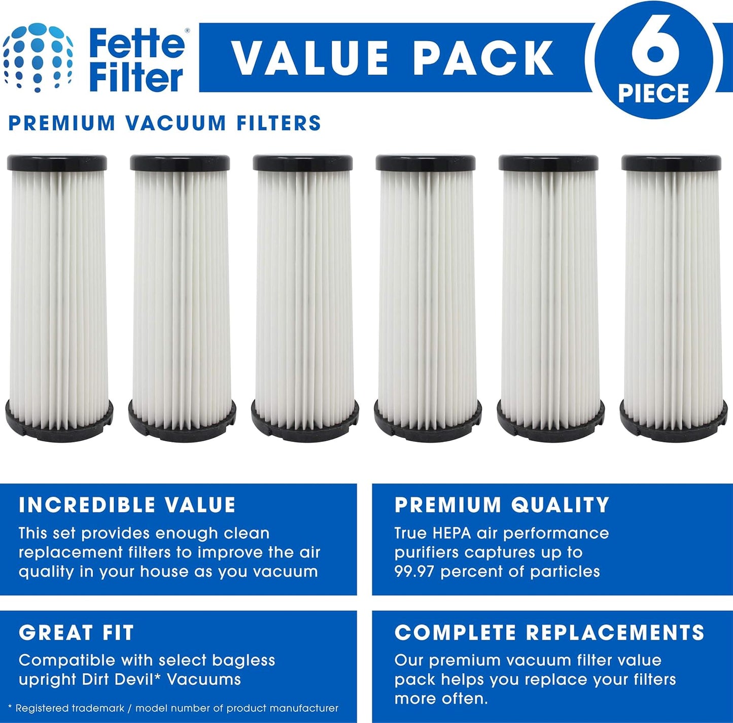Fette Filter - Vacuum HEPA Filter Compatible with Dirt Devil F1, Pack of 6