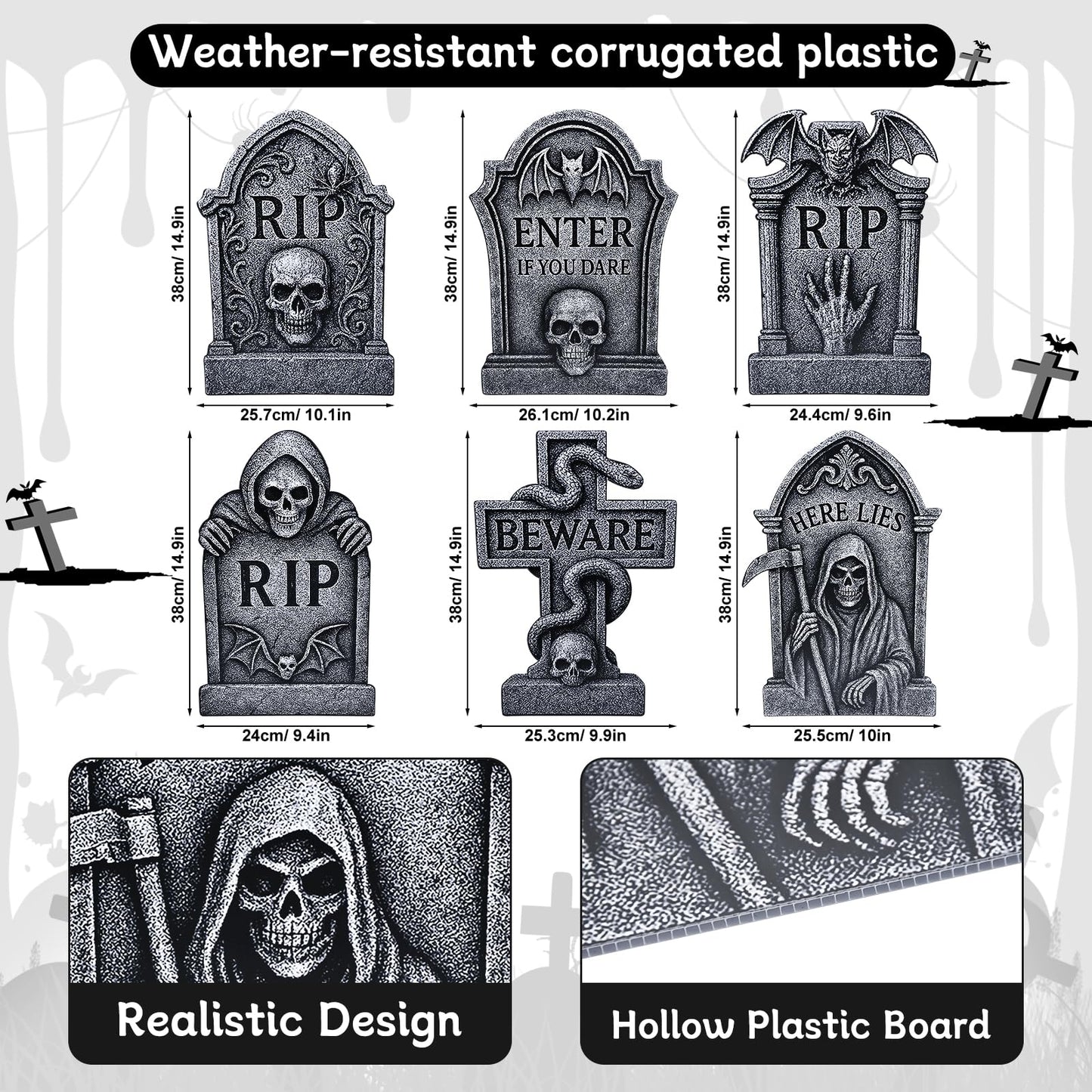 6 Pack Halloween Yard Signs Tombstone Set – 15 x 10 Inch Large Plastic Graveyard Decorations with Stakes, RIP Skull and Skeleton Tombstones for Lawn, Outdoor Haunted House and Party Decor