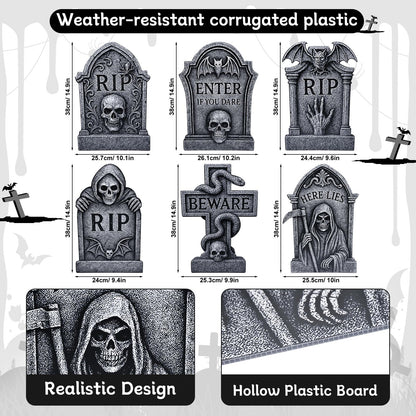6 Pack Halloween Yard Signs Tombstone Set – 15 x 10 Inch Large Plastic Graveyard Decorations with Stakes, RIP Skull and Skeleton Tombstones for Lawn, Outdoor Haunted House and Party Decor