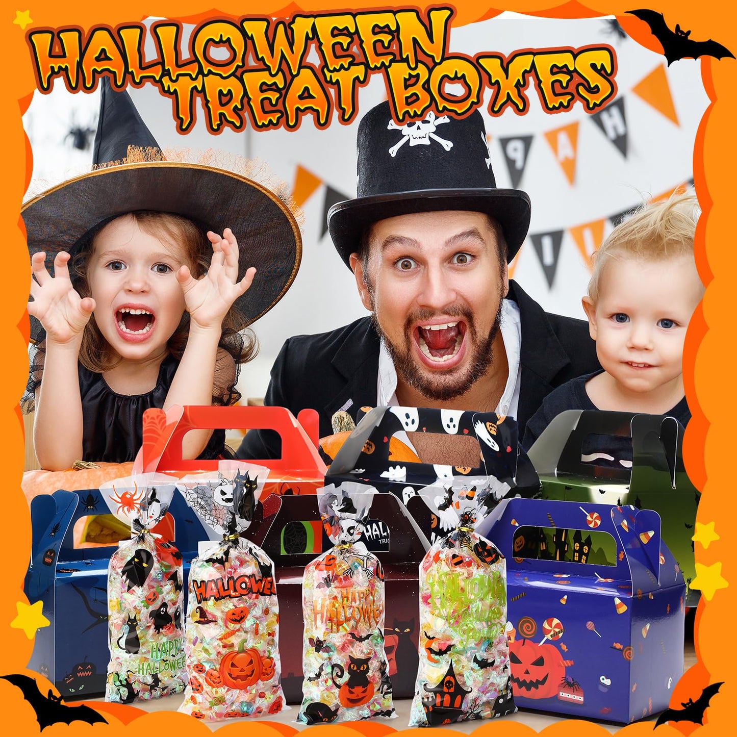 ReliThick 80 Pack Halloween Treat Box with Cellophane Bags Trick or Treat Goodie Cookie Candy Boxes for Treats Ghost Halloween Bag for Party