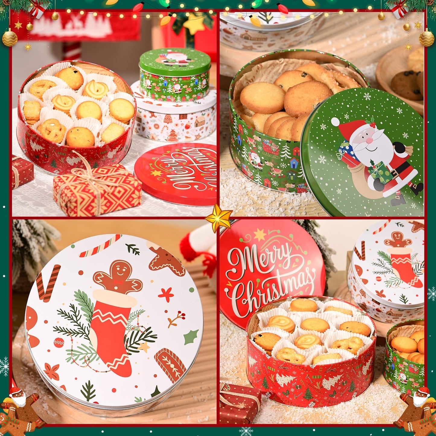 Olgaa Christmas Cookie Tins with Lids Set of 3 Gingerbread Man Cookie Storage Containers Airtight Round Jars for Gift Giving Holiday Treats Baking Cake Container