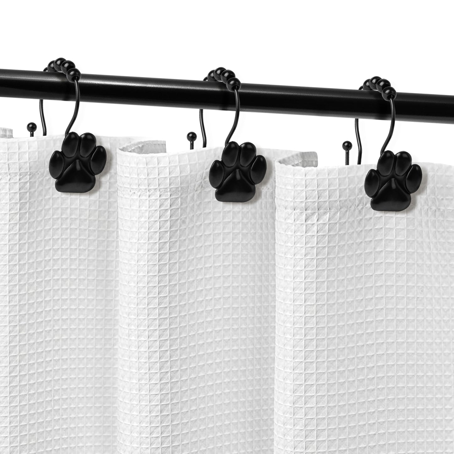Sunlit Fashion Design Cute Paw Print Polished Double Shower Curtain Hooks for Dog Cat and Bear, Rust Proof Oil Metal Shower Curtain Rings, Black-12 Pack