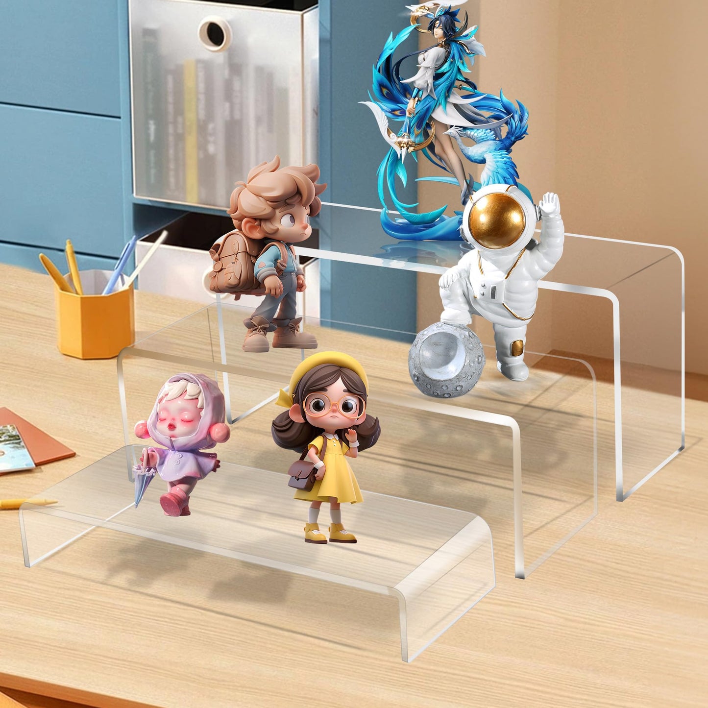 Jusalpha 6 PC 10'' Large Clear Acrylic Riser Set, Acrylic Display Risers Shelf Showcase Fixtures for Jewelry, Display Stand for Amiibo Funko POP Figures, Cupcakes, Food Display, Cabinet- 10 x 3.9 x 3.9 in