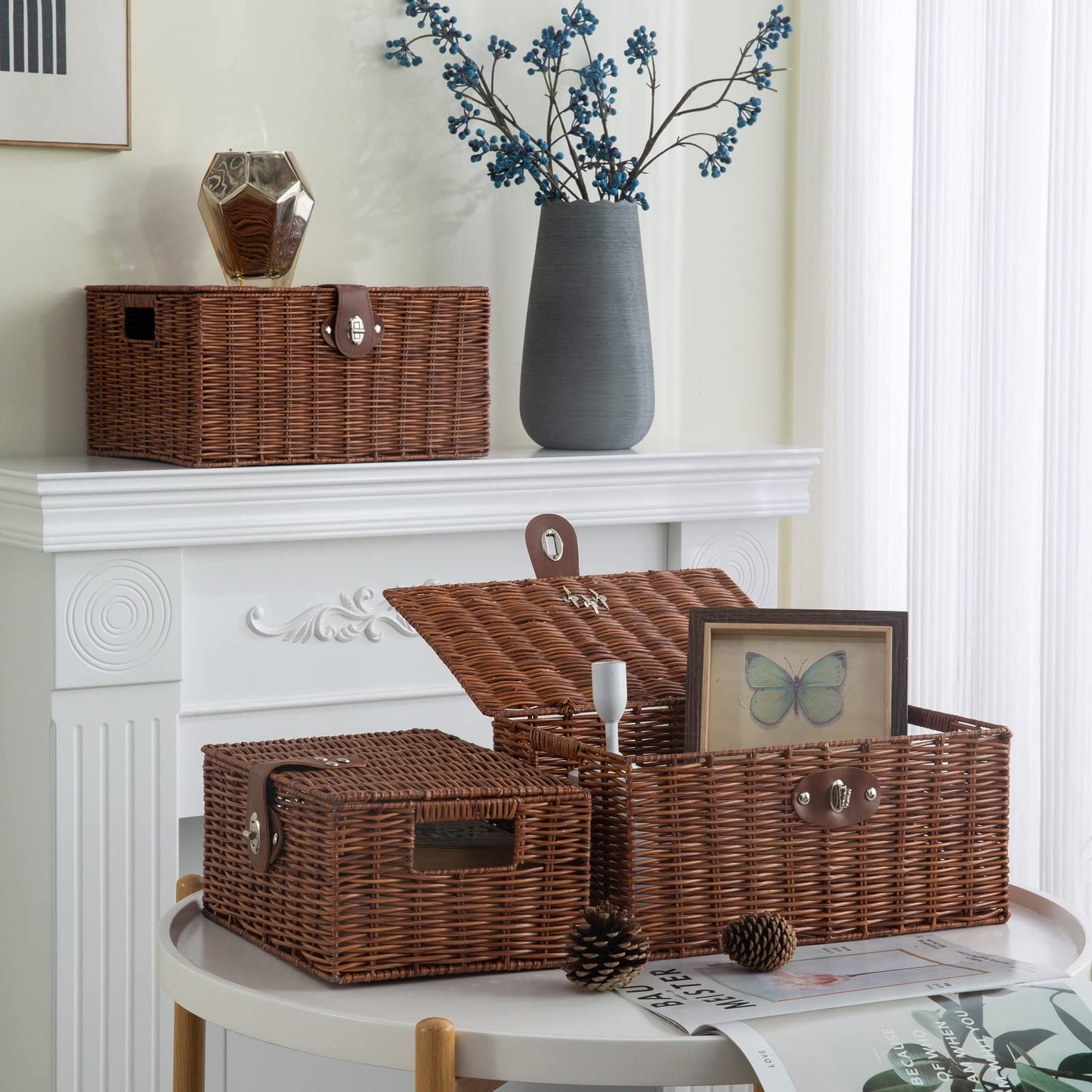 Homepeaz Set of 3 Woven Wicker Storage Basket Box with Lids & Lock, Built-in Carry Handles, Multifunctional Storage Organizer for Nursery, Baby, Clothes, Toys, Books, Large/Medium/Small Size (Natural)