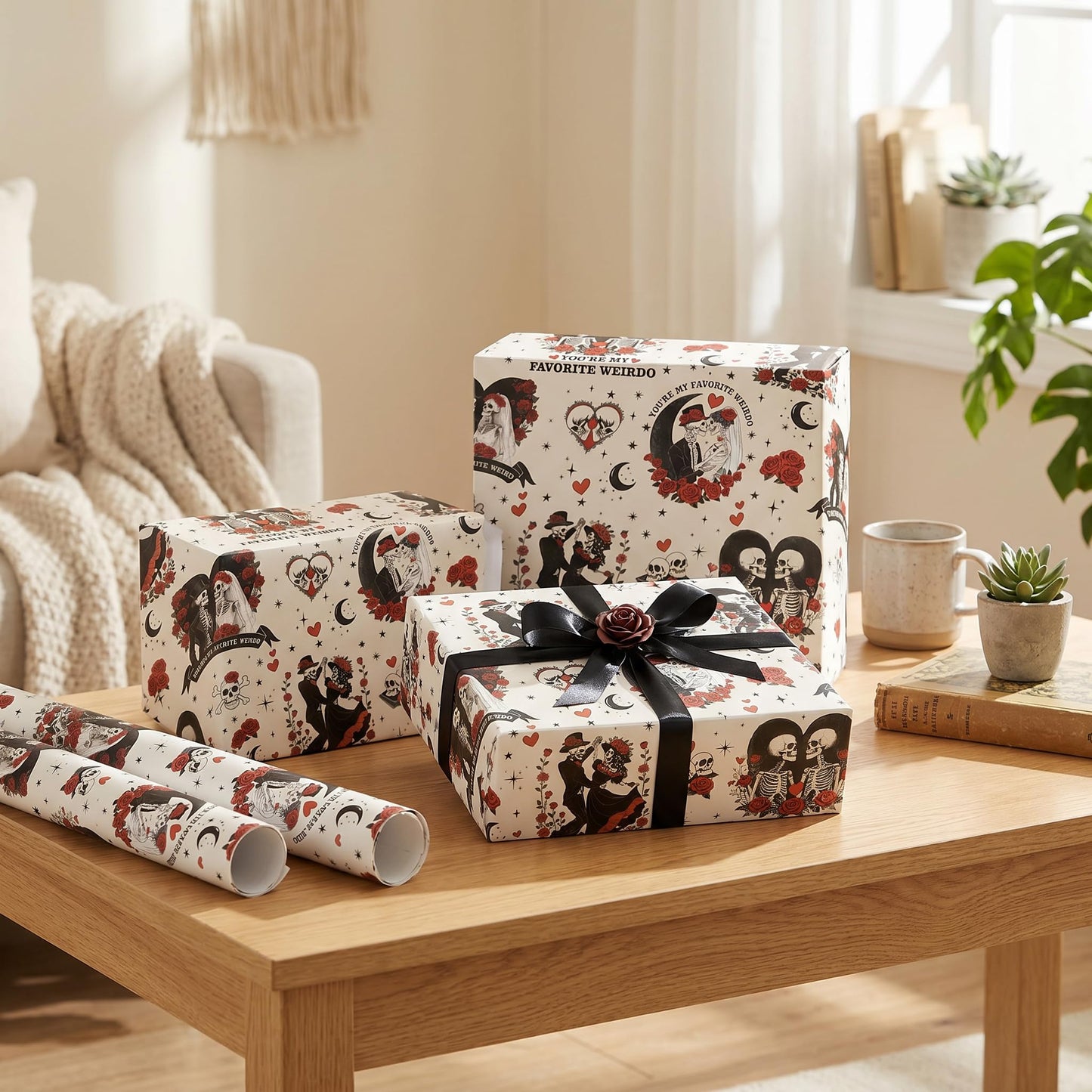 Joviwrap Gothic Anniversary Wrapping Paper Roll, Skull Couple Romantic Wrapping Paper, Black Red Skeleton Rose Present Packaging for Goth Weirdo Lovers Birthday Wedding Halloween, 17 In x 16.4 Ft