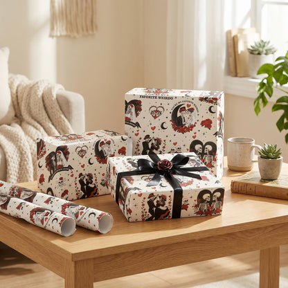 Joviwrap Gothic Anniversary Wrapping Paper Roll, Skull Couple Romantic Wrapping Paper, Black Red Skeleton Rose Present Packaging for Goth Weirdo Lovers Birthday Wedding Halloween, 17 In x 16.4 Ft