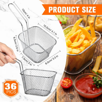 36 Pcs Mini Square Fry Basket with Handle Chrome French Fry Holder Chip Food Presentation Baskets Net Potato Cooking Tool for Food Table Serving Oil Residue Filtration