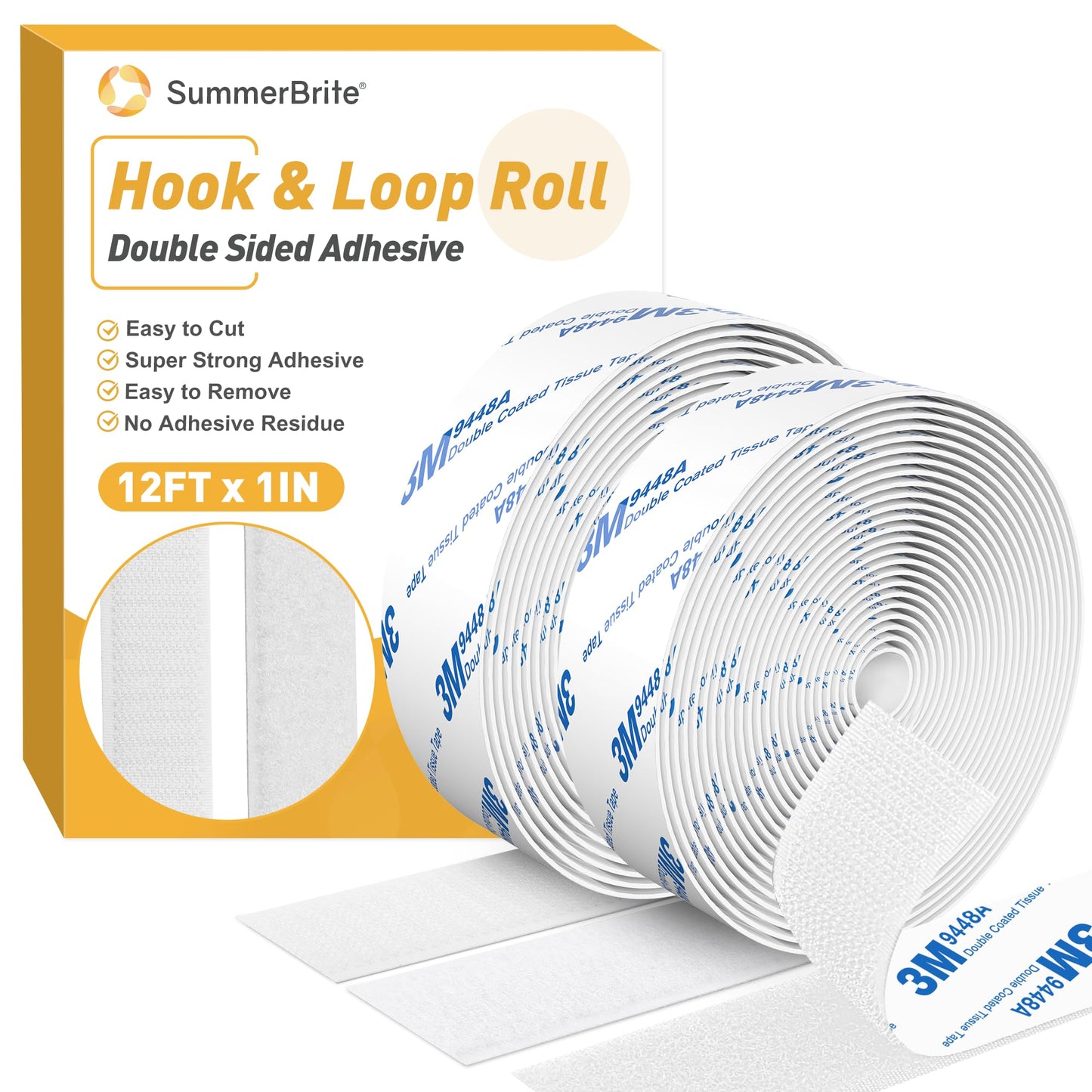 12Ft x 1 Inch Hook and Loop Tape, Heavy Duty Double-Sided Adhesive Strips, Strong Sticky Back Fastener, Cuttable Interlocking Tape Fasteners for Home, Office, Car, School & DIY Crafts (White)