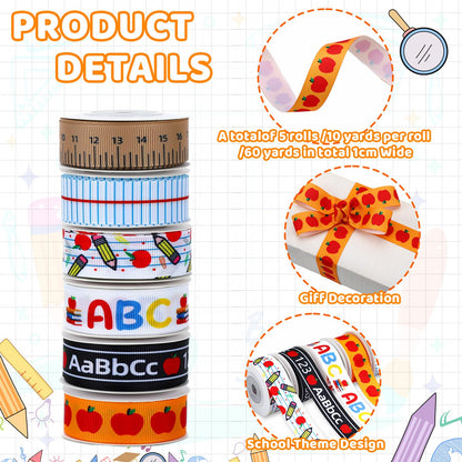 DECYOOL 6 Rolls Back to School Ribbon 36 Yards Teacher Appreciation Gift Wrapping Ribbon 7/8 inch Wide ABC Pencil Apples Ruler Craft Ribbon for Classroom Decorations DIY Project Supplies