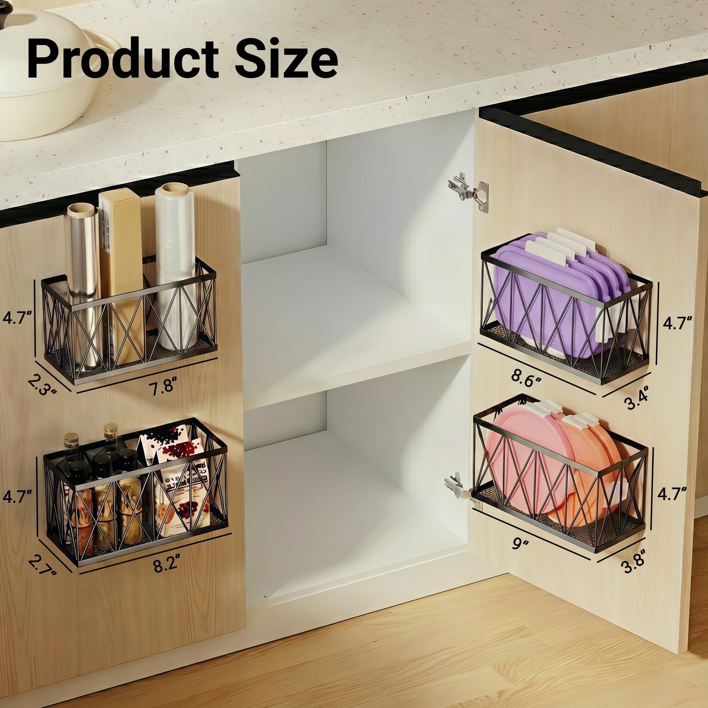 MIXISAV 4 Pack Cabinet Door Organizer, Adhesive Inside Cabinet Door Storage for Kitchen Bathroom, Lid Organizer Compatible with Tupperware Pyrex, Wall Mounted Basket for Pantry Under Sink, Black
