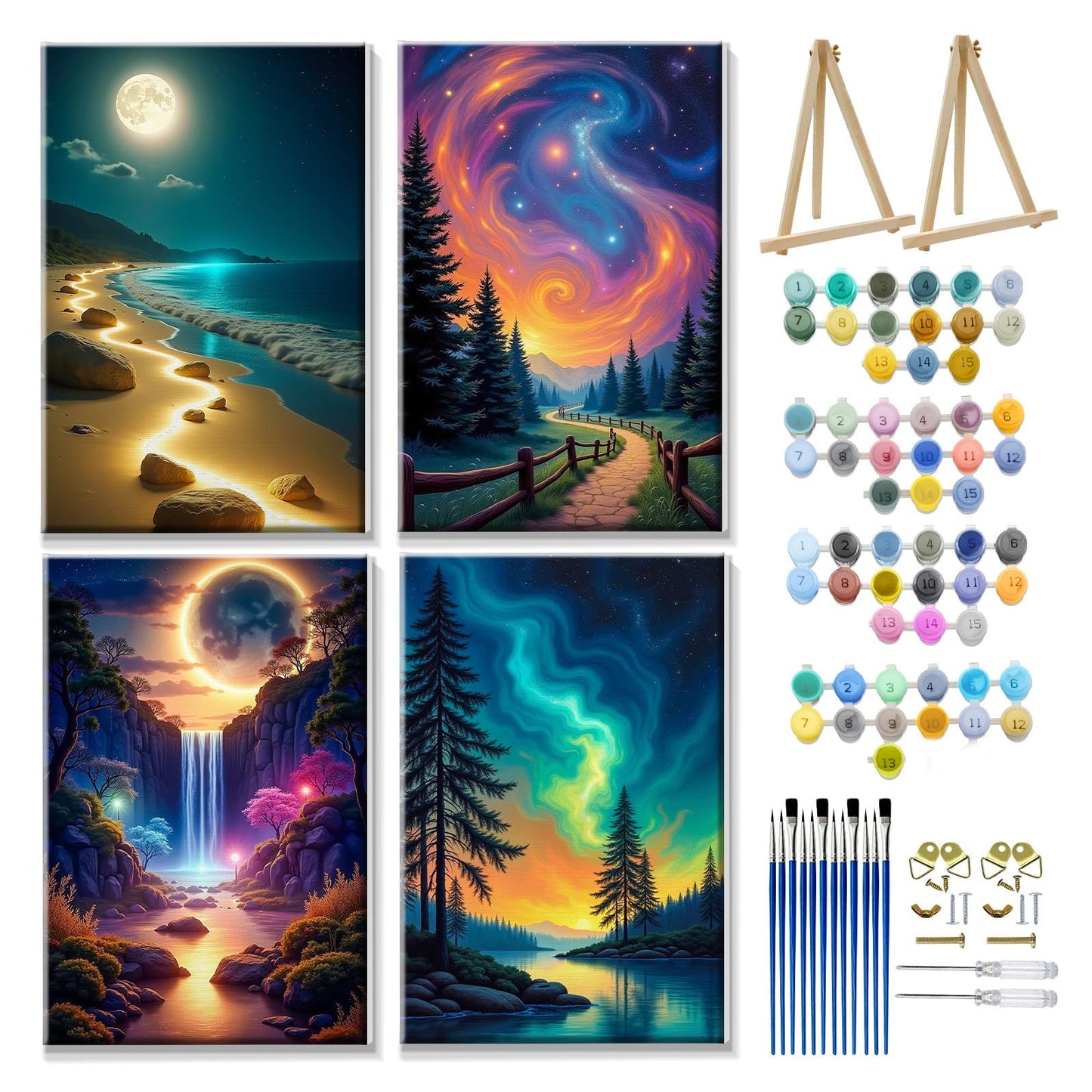 JOOZ 4 Pack Paint by Numbers Kit for Adults with Frame Aurora Paint by Number with Easel DIY Mountain Landscape Adult Paint by Number Kits Moon Oil Painting Kits for Home Wall Decor 8x12 Inch