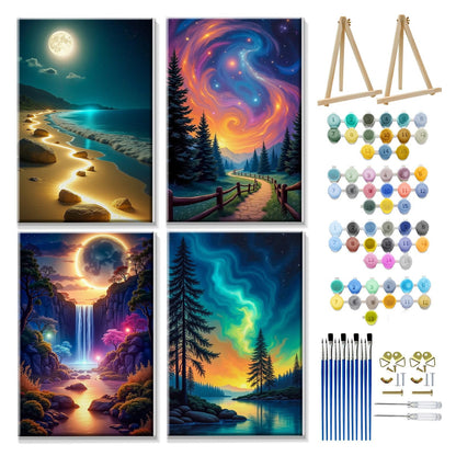 JOOZ 4 Pack Paint by Numbers Kit for Adults with Frame Aurora Paint by Number with Easel DIY Mountain Landscape Adult Paint by Number Kits Moon Oil Painting Kits for Home Wall Decor 8x12 Inch