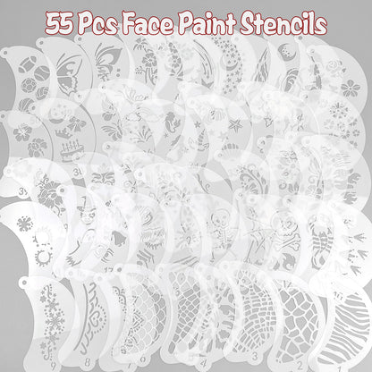 55 Pcs Face Paint Stencils, Reusable Face Painting Stencils Washable Body Makeup Art Tattoo Templates Flowers Animals Shapes Elements with Hanging Hole for Party Holiday Halloween, White Translucent