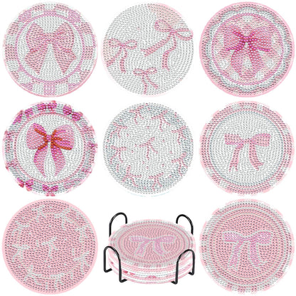 8 Pcs Diamond Painting Coasters,Diamond Painting Kits,Pink Bow Diamond Art Coasters,5D DIY Full Drill Diamond Dots,Gem Art Kits for Adults Arts and Crafts Supplies