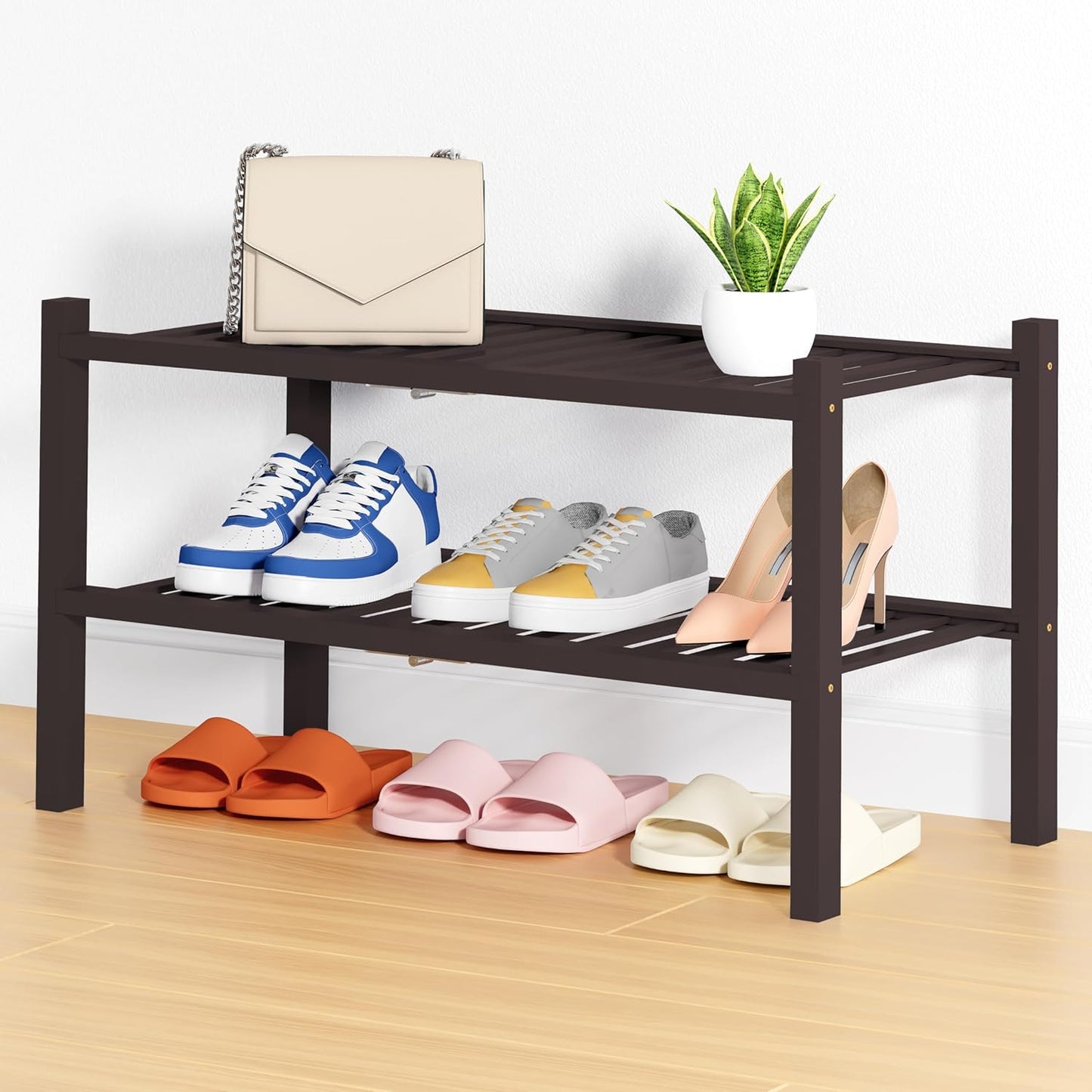 2 Closet, Smiry Shoe Rack, Tier Thick Bamboo Shoe Organizer, Stackable Free Standing Wooden Shoe Storage Shelf