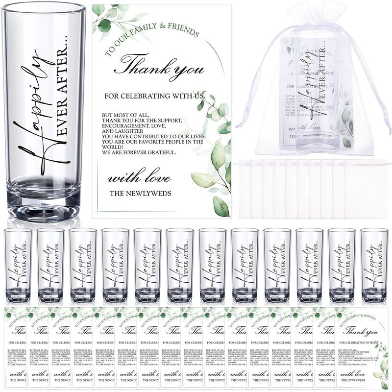 Sliner 100 Set Wedding Favors for Guests Bulk 2oz Acrylic Happily ever after Shot Glasses with Thank You Cards Organza Bags wedding gifts for Guest Souvenirs Newlyweds Bridal Shower Party