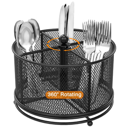 Fylsyd 360° Rotating Metal Utensil Caddy, 4 Compartment Silverware Cutlery Holder, Effortless Access Fork Spoon, Silverware Holder for Party Countertop Buffet Picnic Camping Outdoor (Black)