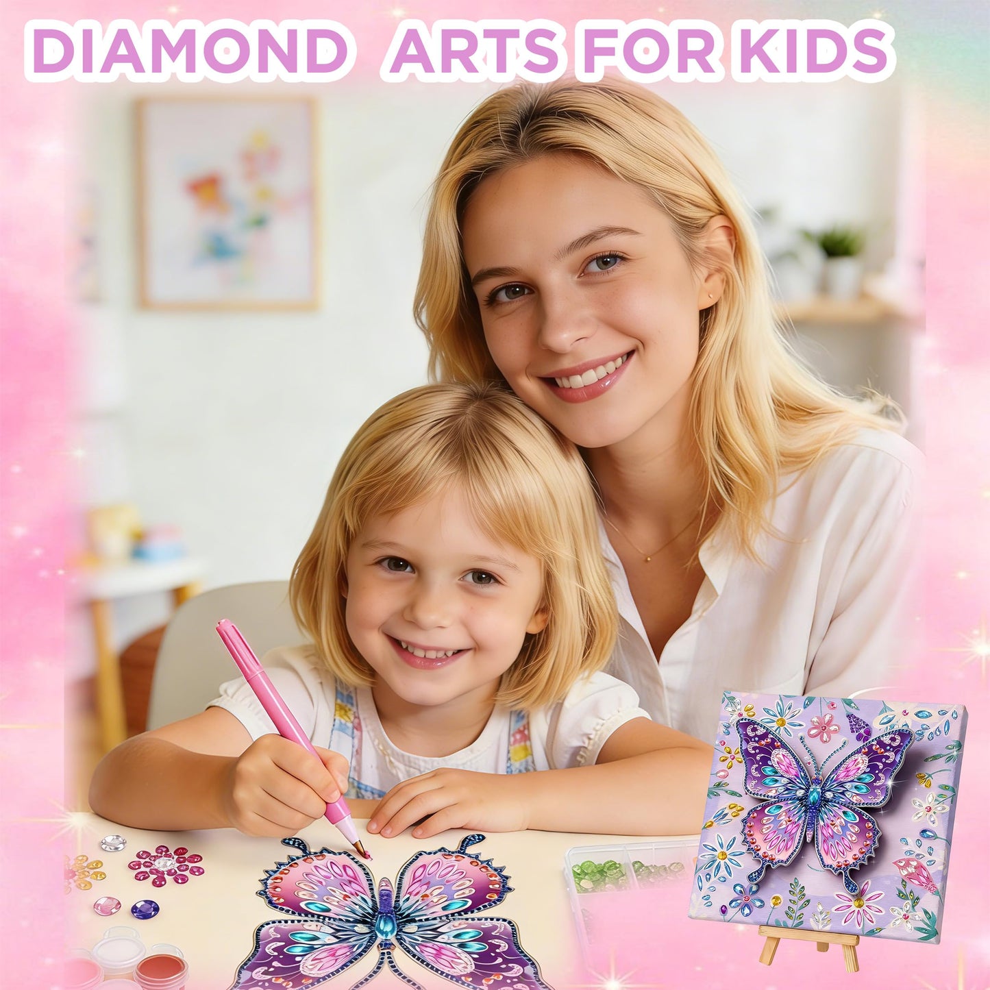 ZEHYRNE Arts and Crafts for Kids, Sparkling 3D Butterfly Diamond Art Kits for Girls 8-12 6-8, DIY Gem Art as Children's Day & Birthday Gift丨Bedroom Decoration with Wooden Stand (Purple)