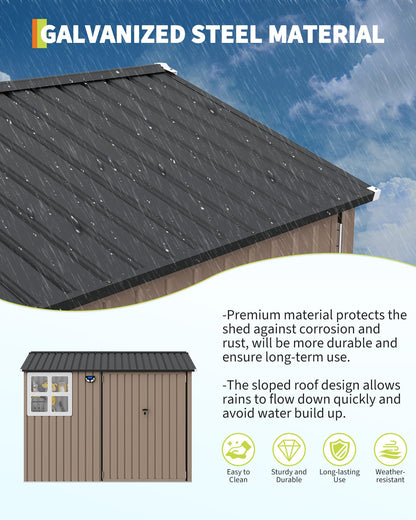 8x6 FT Outdoor Storage Shed with Window and Solar LED Light, Waterproof Metal Garden Tool Shed with Lockable Door, Vented Sloped Roof for Backyard Patio Lawn, Brown