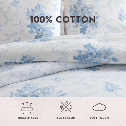 Laura Ashley - Full/Queen Duvet Cover Set, Plain Weave Cotton Bedding with Matching Shams, Button Closure, Lightweight for Year Round Use, Oeko-Tex Certified (Sophia Blue)