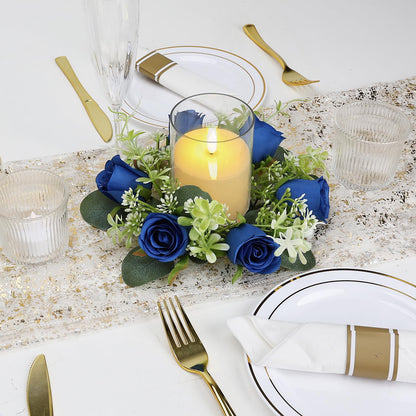 Tobilu 6 Sets Artificial Roses Candle Rings - Roses Floral Rings Wreaths with LED Candles Eucalyptus for Centerpieces Table Cabinets Front Doors Wedding Home Party Decor - Royal Blue