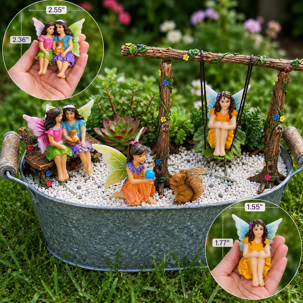Mood Lab Fairy Garden Figurines with Swing - Miniature Accessories Set (6 pcs) - Outdoor Indoor Garden Decor