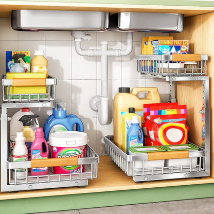 Under Sink Organizer by Skiennix - Stainless Steel 2-Tier Storage Solution | Pull-Out Cabinet Shelf