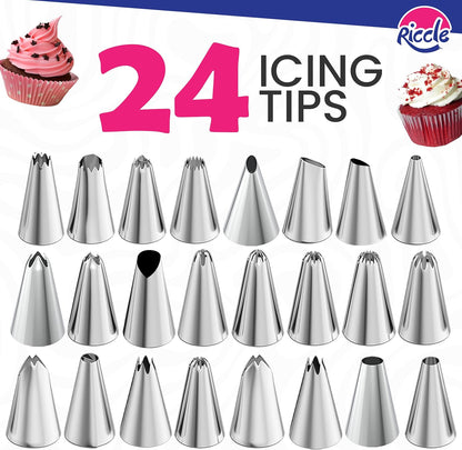 Riccle Cake Decorating Kit - 88 Pcs with Turntable, 50 Disposable Piping Bags, 24 Tips & More