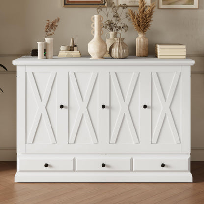 YOPTO Murphy Bed Cabinet Full Size with Charging Station and Large Storage Drawer,Pine Wood Folding Wall Bed Frame,Space Saving,Easy Assembly,Hidden Platform Bed for Home Office or Small Room,White