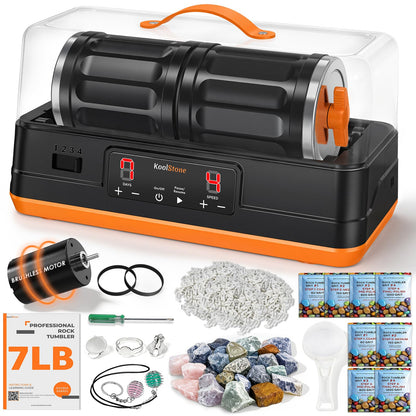 KoolStone C1 Pro Ultra Brushless Rock Tumbler Kit - Dual Barrel 7LB Capacity with Noise-Reducing Cover, Ultra Quiet Professional Rock Polisher with Full Accessories, Perfect STEM Gift for All Age