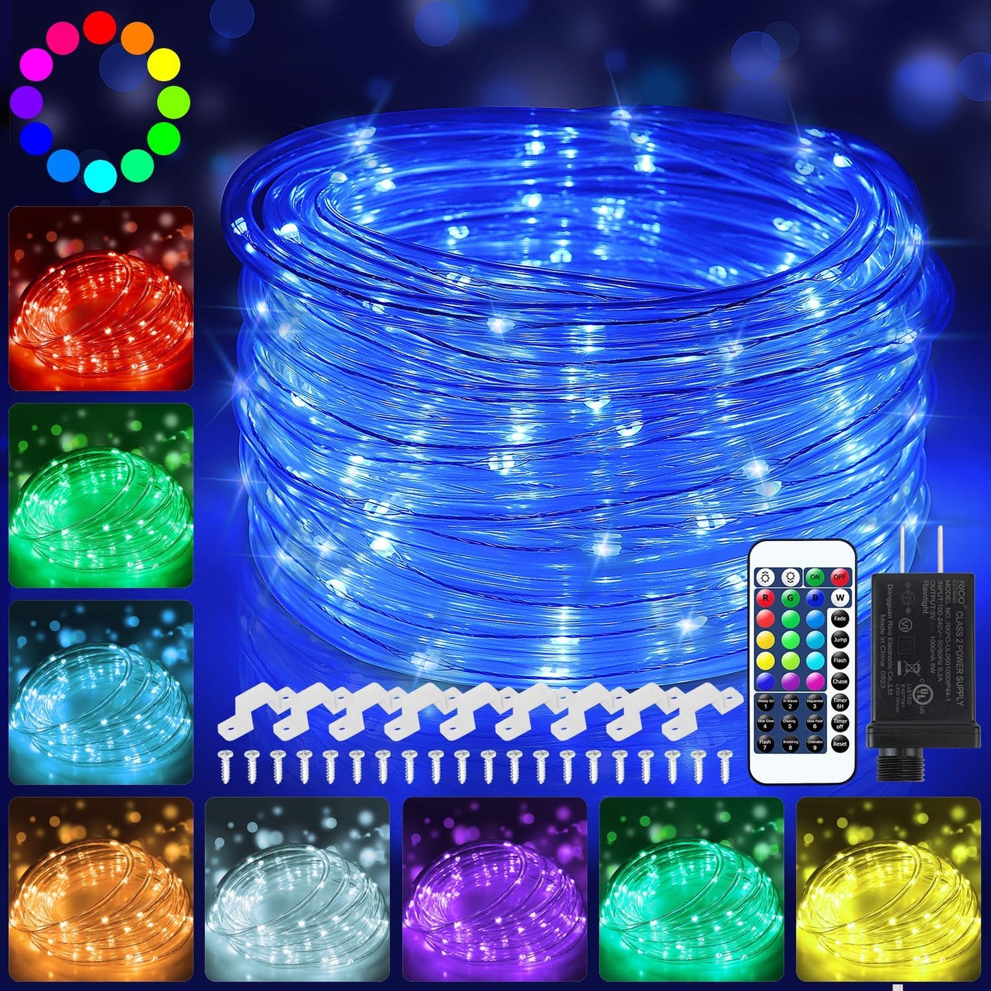 OMIKA 120 LED Rope Lights Plug in, 40ft Waterproof Outdoor String Light with Remote Timer for Party Decor