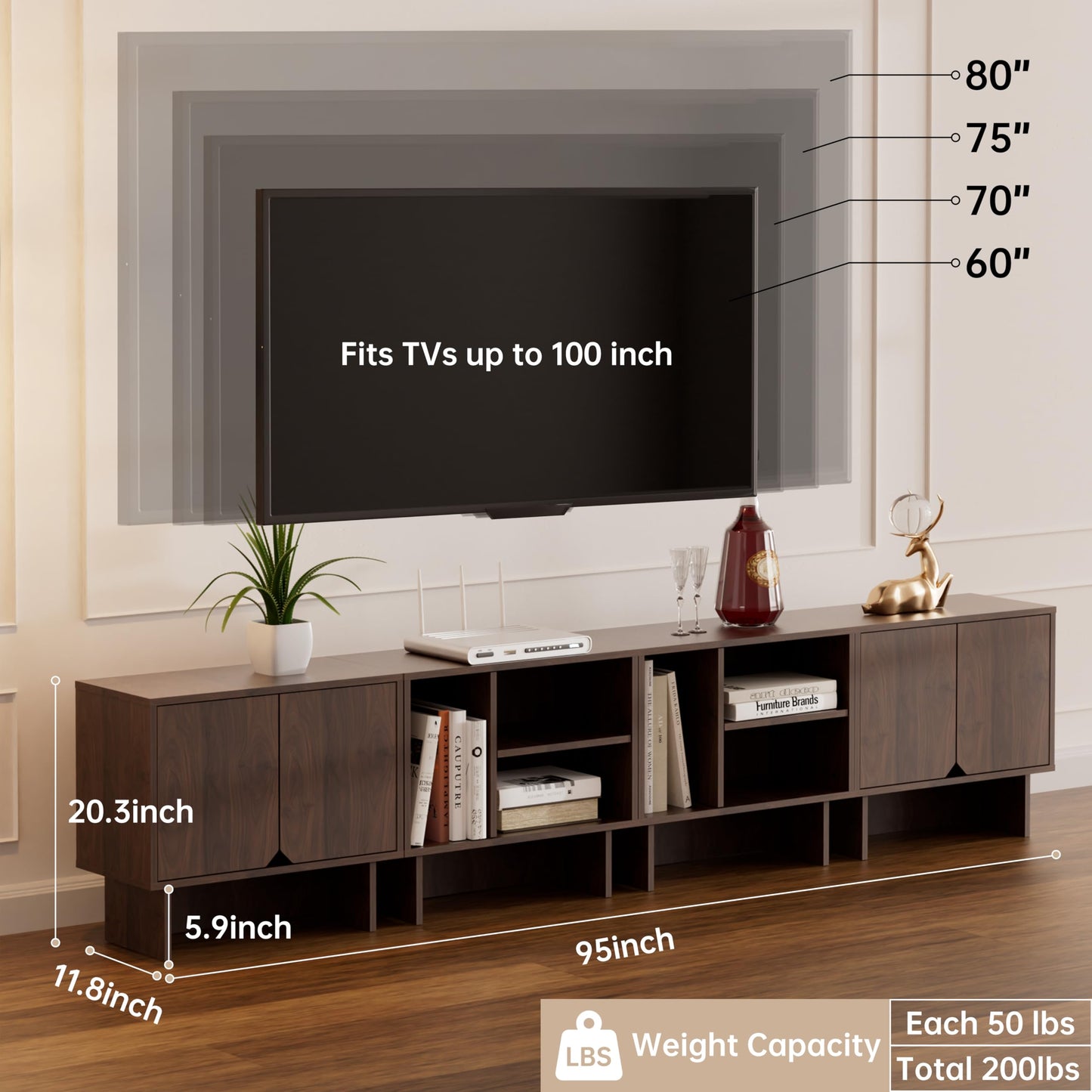Modular TV Stand for 100-Inch TV,Also Used as Storage Sideboards,Bookcase,4pcs End Table,Nightstand,Buffet Cabinets with Adjustable Shelf,Coffee Table for Living Room,Dining Room,Bedroom, Walnut