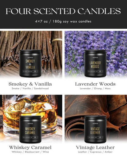 AOOVOO Scented Candles for Men - 4 Pack Candles for Home Scented, 28oz Soy Wax, 200 Hour Burn Time, Men Candle Set, Leather/Smoke & Vanilla/Whiskey Caramel/Lavender Candle Set