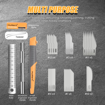 MulWark 32-Piece Precision Hobby Knife Set - Exacto Knife Set For Modeling - Craft Knife Handle Customized With Chiseling, Stencil Edge And Fine Point Blades With Sharpening Stone And Steel Ruler