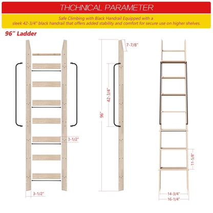 104RDHOUSE 96in Attic Rolling Library Ladder, 8 Step Wooden Ladder with,Loft Ladder Bookshelf,Wall Stairs Red Oak Stair Platform Bunkbed Ladder,for Home Kitchen,Warehouses,Bookstore,DIY Stain