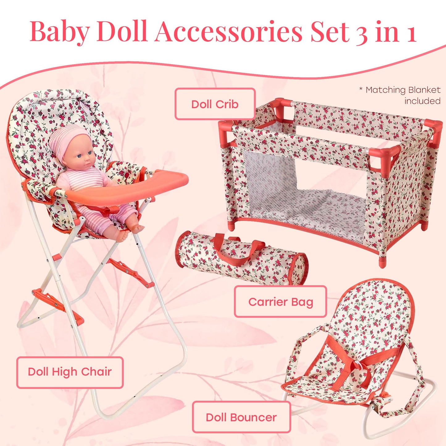 Floral Baby Doll Accessories Set, 3-1 Baby Doll Crib, Baby Doll High Chair & Bouncer Seat. 18 inch Doll Accessories with Doll Bed. 18" Dolls Furniture Play Stuff. Toys for Girls Ages 3-5,4-6,5-7,8-10