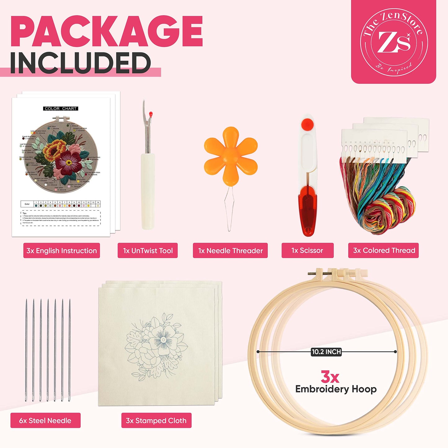 The ZenStore Birds & Flowers Embroidery Kit for Adults – Beginner DIY Hand Embroidery Set with Hoop, Stamped Fabric, Thread & Needles – Floral and Plant Pattern Sewing Craft Kit for Women & Teens