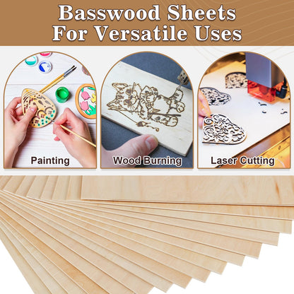 MITINU 50 Pack Basswood Sheets for Crafts,12"x12"x1/8" 3mm Thick Plywood Sheets with Smooth Surfaces-Unfinished Squares Wood Boards for Laser Cutting, Wood Burning, Architectural Models, Staining