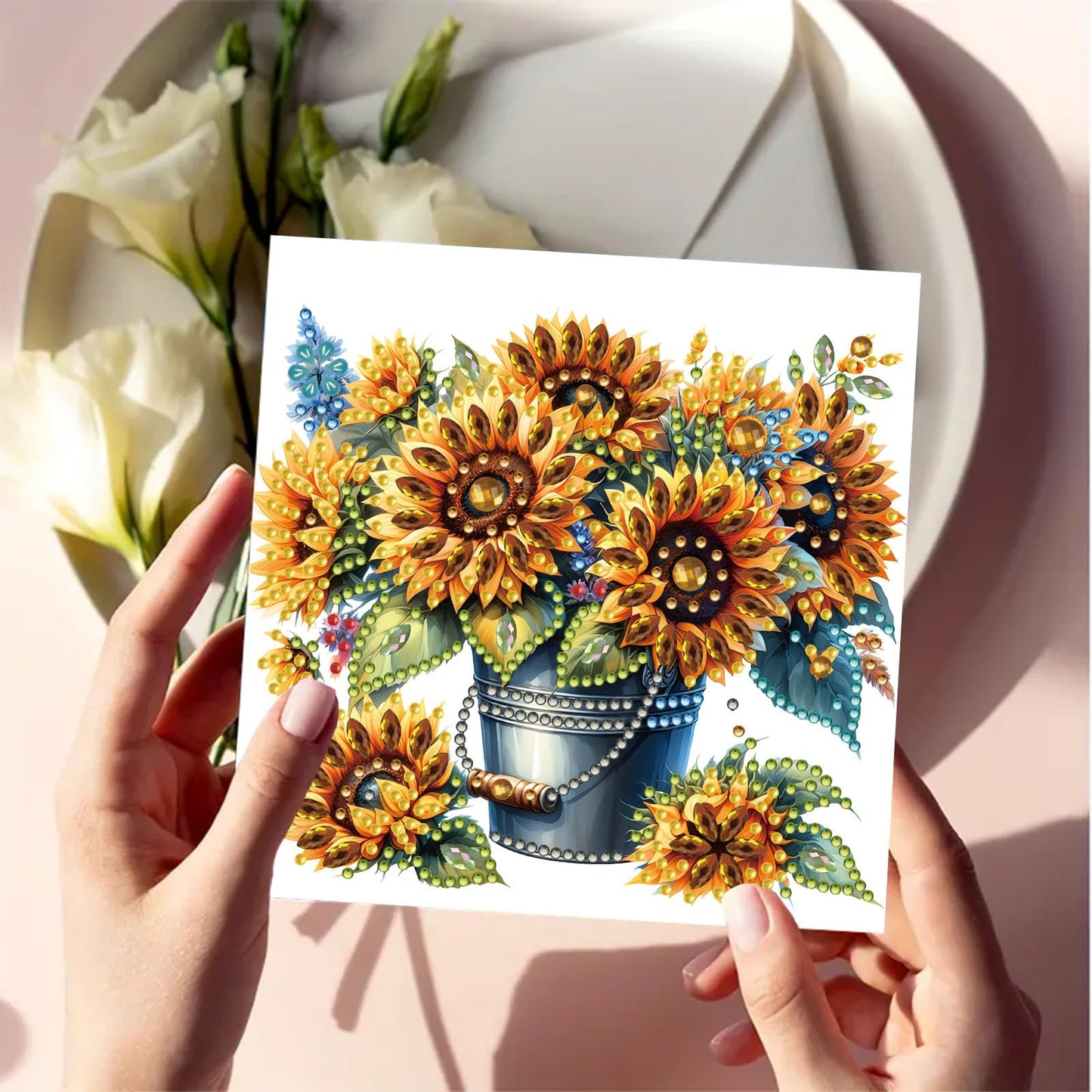 6 Packs DIY Diamond Art Cards with Envelopes, DIY Diamond Art Painting Greeting Cards Happy Birthday Holiday Card Kits Present-03-Sunflower