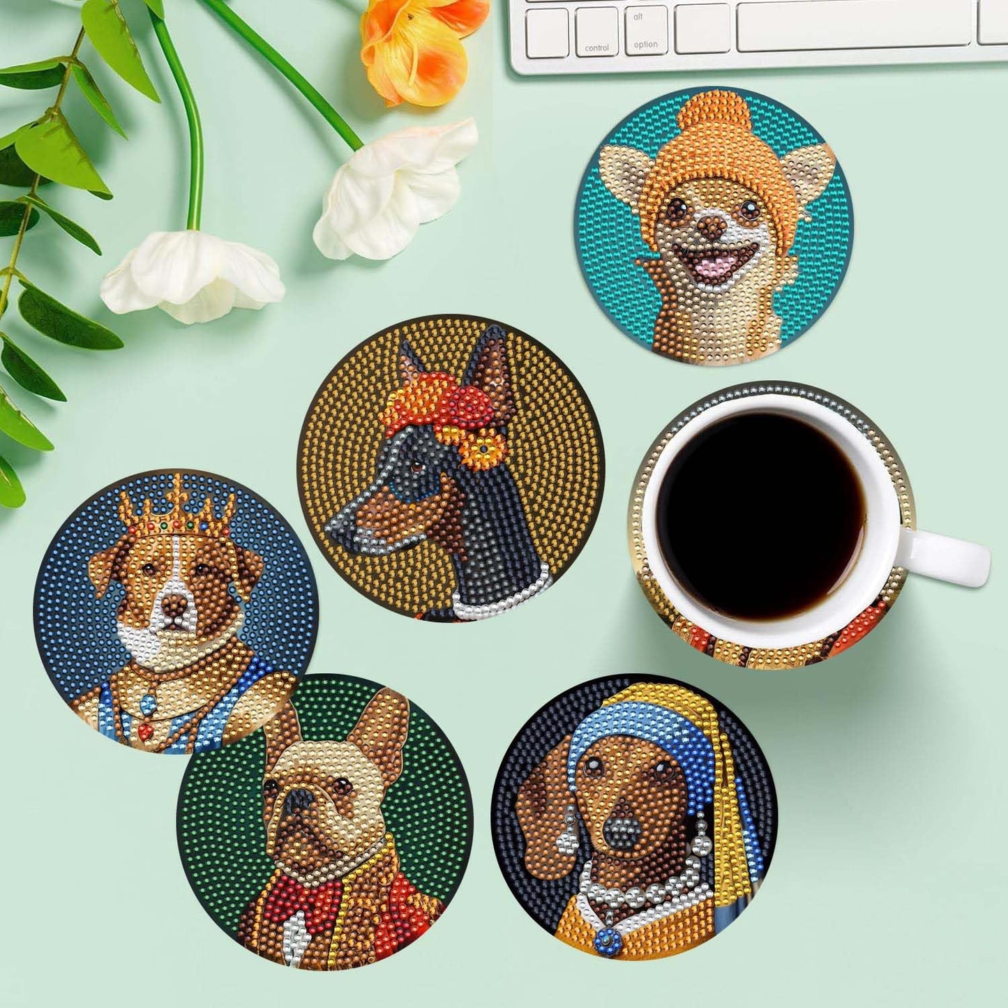 6 Pcs 5D DIY Dogs Diamond Paintings Coasters with Holder for Adults Beginners, Round Full Drill Diamond Art Craft Supplies(Dogs QLBD-09)