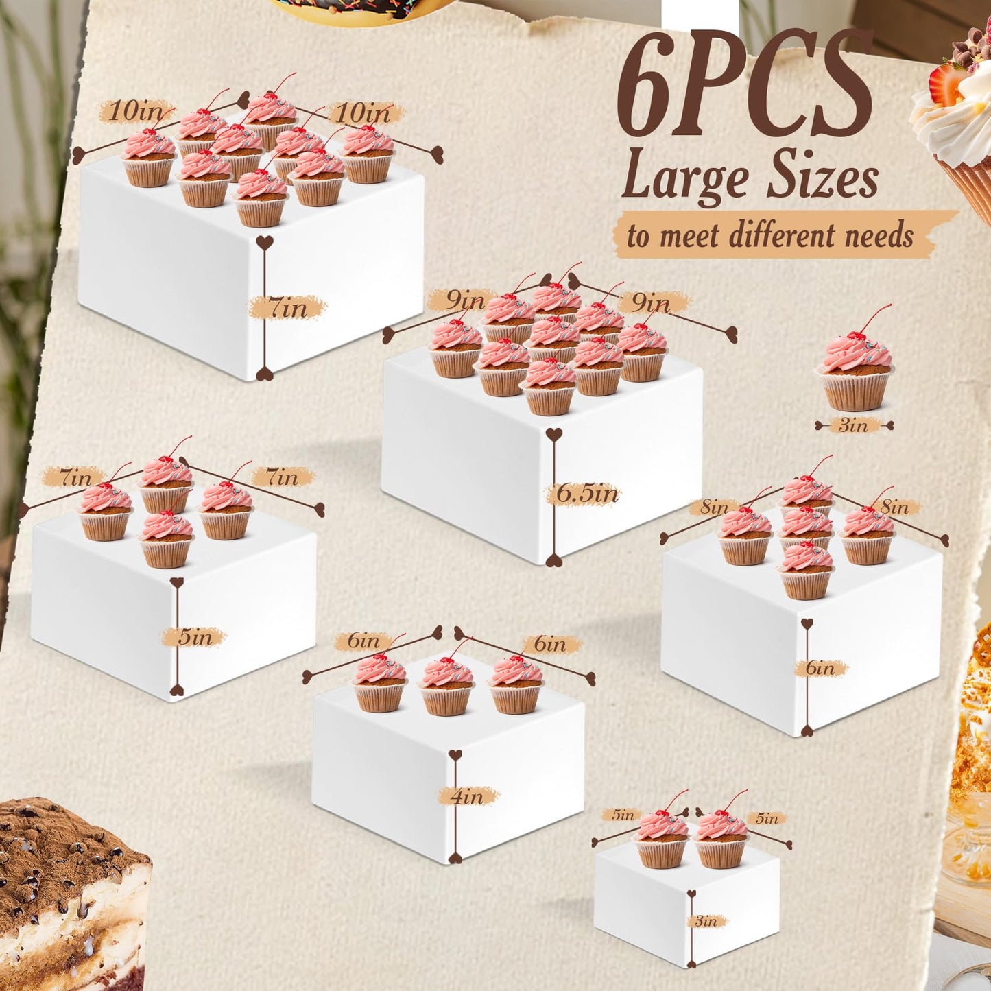 Redants 6 PCS Buffet Risers, Large Food Risers for Buffet Table, Food Display Risers for Party, White Acrylic Boxes Dessert Table Display Set, Risers Display Stands (Size 10" 9" 8" 7" 6" 5", White)